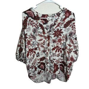 Joie Blouse Women's Large V-Neck Button Up 3/4 Sleeve Floral Top Shirt